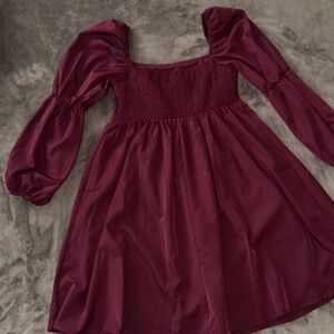 Girls Burgundy Long-Sleeve Smocked Bodice Dress